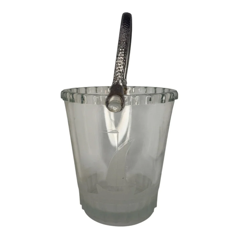 Vintage Etched Glass Sailboat Ice Bucket with Hammered‎ Metal Handle Nautical